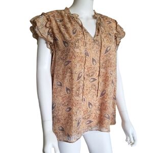 Vintage HAVER Beige/Orange & Gold Floral Blouse Tie, Puff Sleeves Women's Top X1